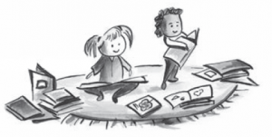 drawing of two children reading books on rug