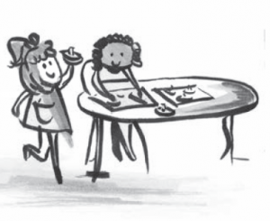 drawing of two children at a table