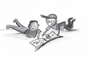 drawing of two children reading book